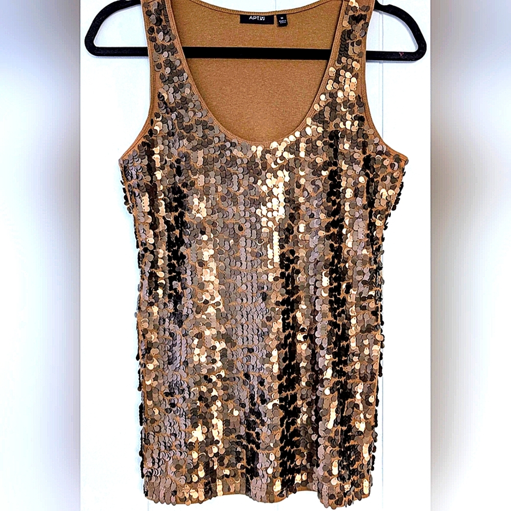 Apt 9 Sequin Embellished Tank Top M Gold Brown Shimmer Layer Going Out Glam Y2K
